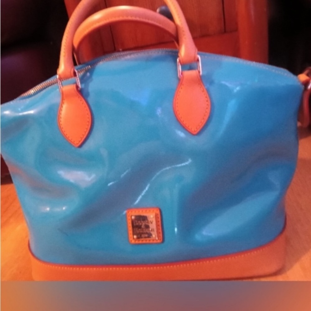 Dooney & Bourke Patented Turquoise Satchel and Pouch - Blue & Tan - Picture 2 of 13